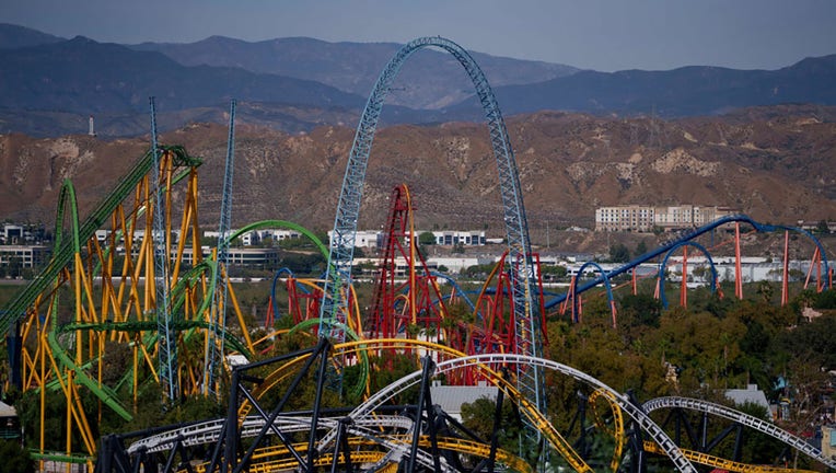 FILE - A rollercoaster at Six Flags Magic Mountain theme park in Valencia, California on Nov. 4, 2023.  Photographer: Eric Thayer/Bloomberg via Getty Images