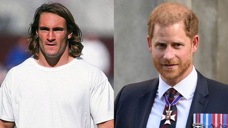(LEFT) Arizona Cardinals Pat Tillman (40) casual before game at Sun Devil Stadium. (Photo by Gene Lower /Sports Illustrated via Getty Images) (RIGHT) Prince Harry, Duke of Sussex (wearing a Household Division regimental tie) attends The Invictus Games Foundation 10th Anniversary Service at St Pauls Cathedral on May 8, 2024 in London, England. (Photo by Max Mumby/Indigo/Getty Images)