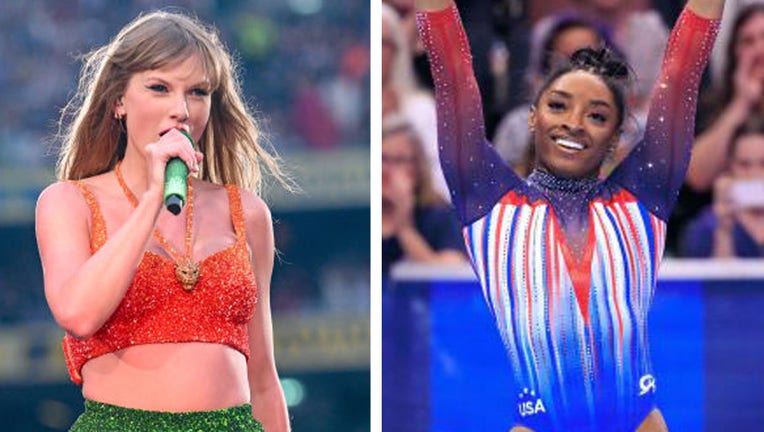 (Left) Taylor Swift performs on stage during "Taylor Swift | The Eras Tour" at Aviva Stadium on June 28, 2024 in Dublin, Ireland. (Photo by Charles McQuillan/TAS24/Getty Images for TAS Rights Management) (Right) Simone Biles competes in the floor exercise during the womens U.S. Olympic Gymnastics Trials on June 30, 2024, in Minneapolis. (Photo by Nikolas Liepins/Anadolu via Getty Images)