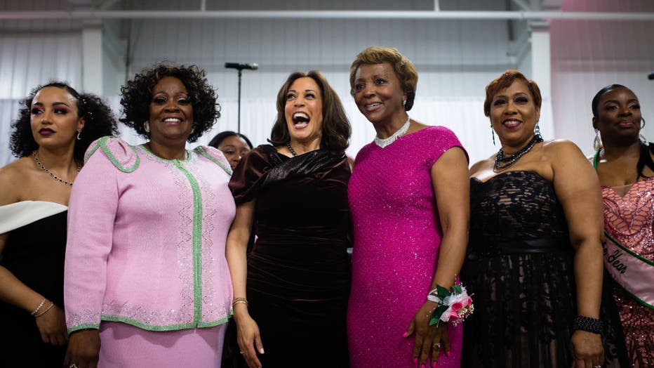 Senator Kamala Harris stands with attendees and participates in the Alpha Kappa Alpha Sorority Inc. hymn at the Annual Pink Ice Gala in Columbia, South Carolina, January 25, 2019.