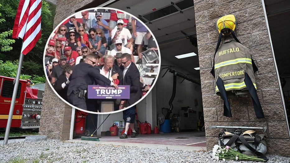 Fire gear belonging to Corey Comperatore is seen outside the Buffalo Township Volunteer Fire Company on Sunday July 14, 2024, in Sarver, Pennsylvania. INSERT: A screen grab captured from a video shows Republican presidential candidate former President Donald Trump injured after gunshots were reported as he is rushed offstage during a rally on July 13, 2024 in Butler, Pennsylvania. (Photo by Matt McClain/The Washington Post via Getty Images/ (Photo by Trump Campaign Office / Handout/Anadolu via Getty Images)