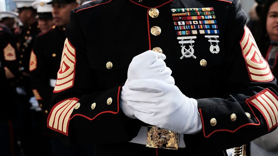 FILE - U.S. Marines prepare to march in the Veterans Day Parade on Nov. 11, 2017, in New York City. (Photo by Spencer Platt/Getty Images)