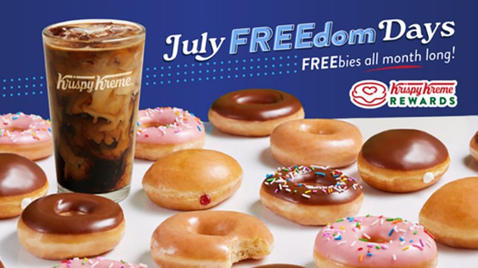 A promotional image for Krispy Kreme’s July freebies. (Credit: Krispy Kreme)