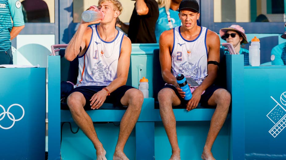 Steven van de Velde of the Netherlands and Mathew Immers of the Netherlands during the Men's Beach Volleyball Pool B match between Norway and Netherlands on Day 7 of the Olympic Games Paris 2024 at Eiffel Tower Stadium on August 2, 2024 in Paris, France. 