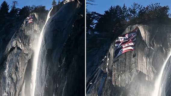 ‘Distress flag’ flies over Yosemite to protest cuts as crowds view firefall