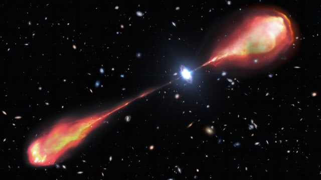 Telescopes spot monster radio jet streaming from ancient quasar