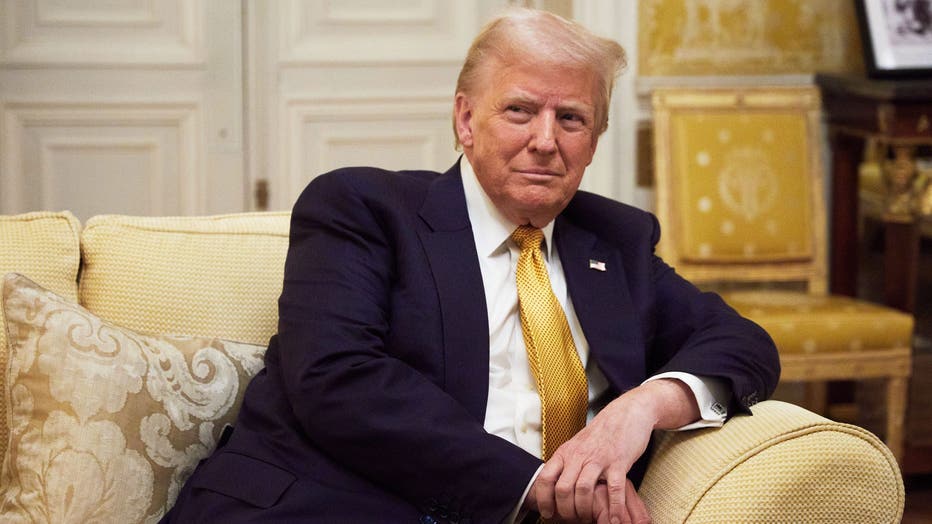 President-Elect Donald Trump reacts during his meeting with Prince William, Prince of Wales at the Embassy of the United Kingdom's Residence on December 7, 2024 in Paris, France. (Photo by Oleg Nikishin/Getty Images)