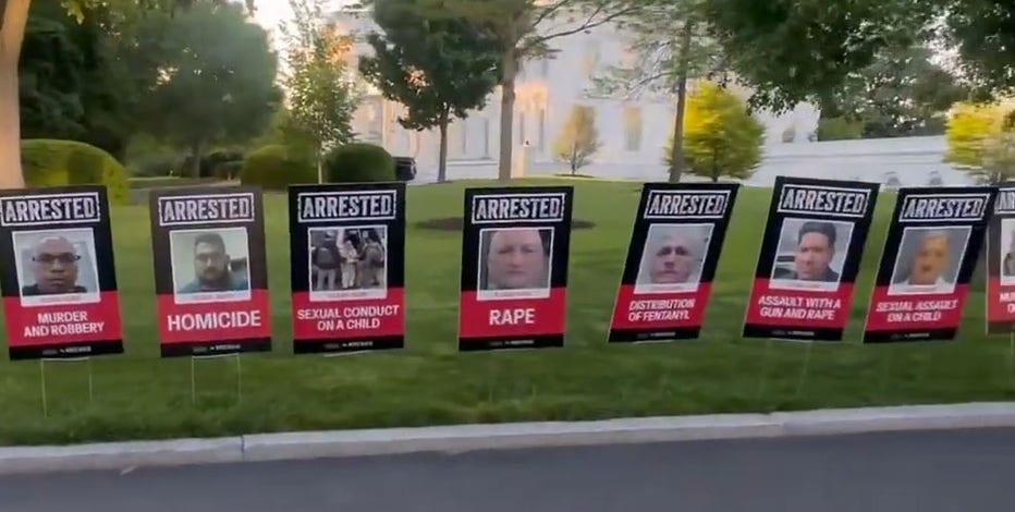White House mugshots: ‘Arrested’ posters line lawn as Trump marks 100 days in office