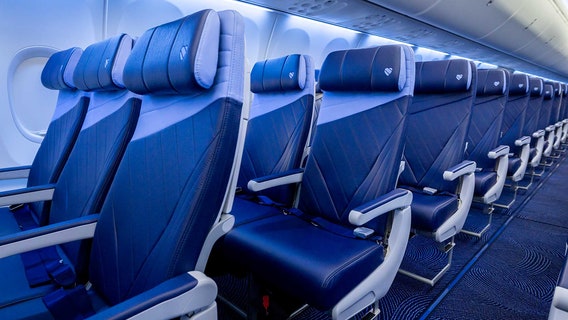 Southwest Airlines unveils new Boeing 737 with redesigned cabin featuring in-seat power, larger overhead bins