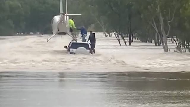 Watch: Pilot lands helicopter on flooded vehicle, saving men and dog