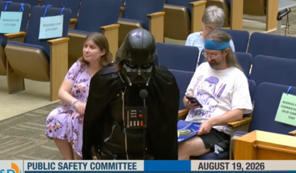 Watch: Man dressed as Darth Vader speaks on Flock cameras at San Diego council meeting