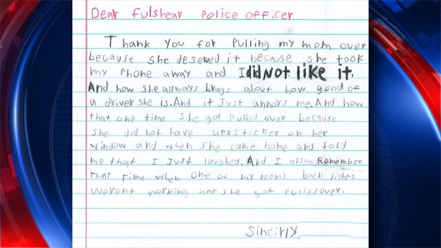 Texas boy pens hilarious thank you note to officer who pulled mom over: 'She deserved it'