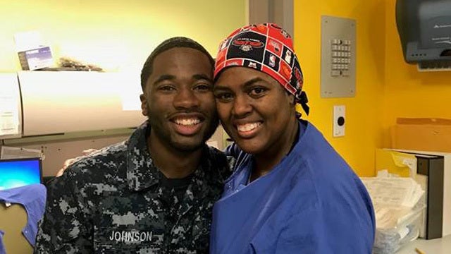 Nurse bursts into tears of joy after surprise visit from son in Navy training