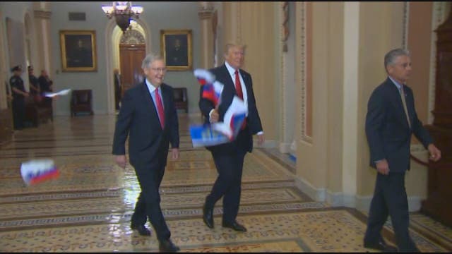 Protester tosses Russian flags at President Trump in Capitol