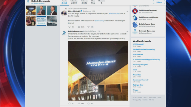 Anti-Trump message projected on Mercedes-Benz Stadium