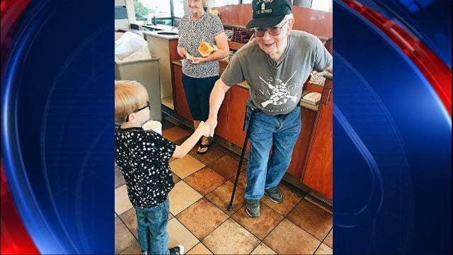 Boy shows respect toward Army veteran at Hiram Chick-fil-A