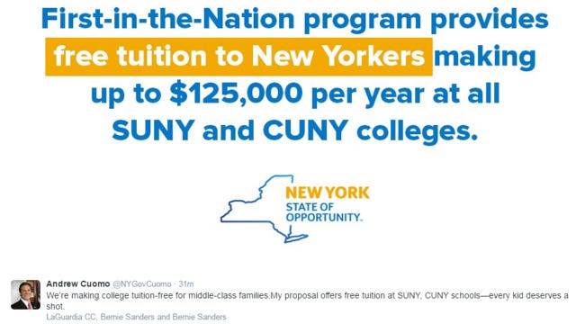 Cuomo announces tuition-free college plan