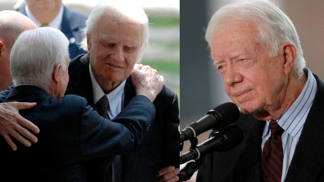 Former President Jimmy Carter reacts to Billy Graham's death