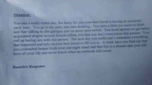 8th grade assignment asks about herpes, one night stand