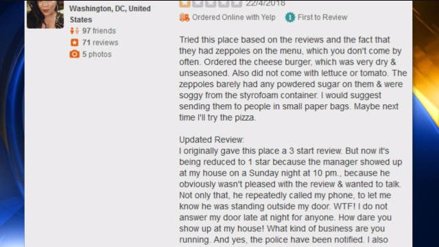 Woman claims restaurant manager came to home after she left 3-star review on Yelp