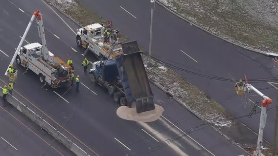 Downed utility pole, live wires shuts down Route 3 in Secaucus