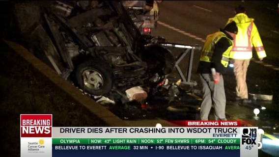 Driver dies after crashing into WSDOT truck on I-5 in Everett