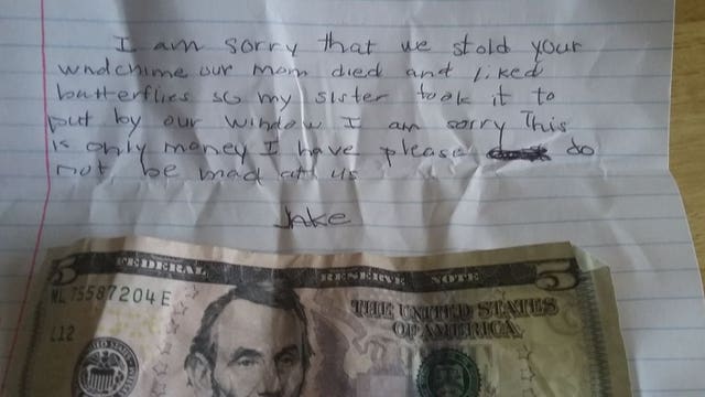 Lakewood woman wants to find boy who left $5 and apology note on her door