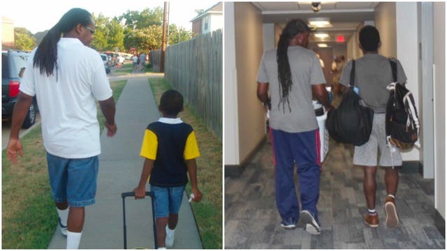 Dad walks son to his first day of kindergarten – and his first day of college
