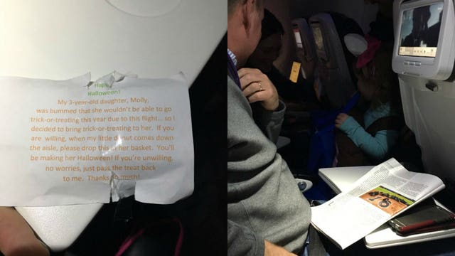Dad passes out candy on flight so 3-year-old missing Halloween can trick-or-treat