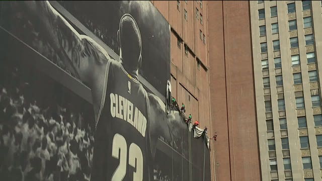 Giant LeBron James banner in Cleveland comes down