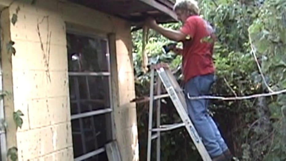 Trapper pulls snakeskin from roof.