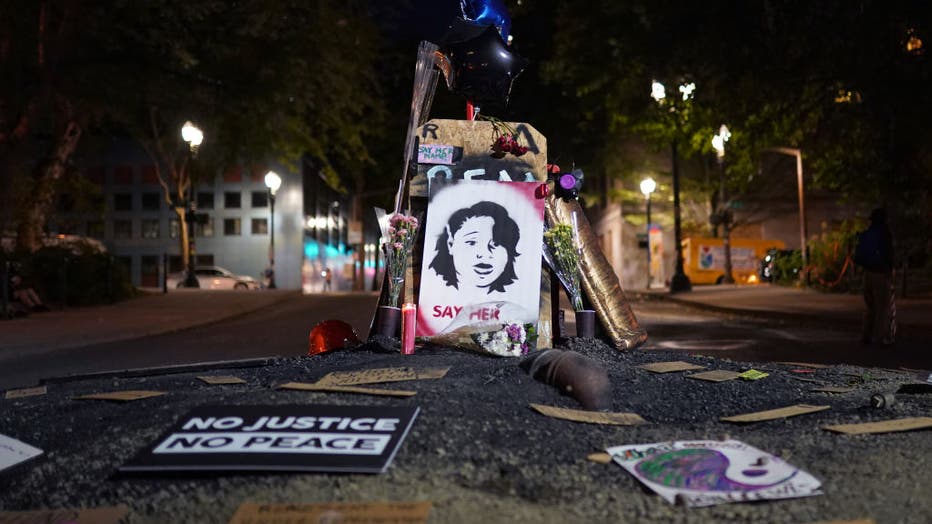 FILE - A memorial to Breonna Taylor is seen here during a Black Lives Matter protest on August. 2, 2020 in Portland, Oregon.