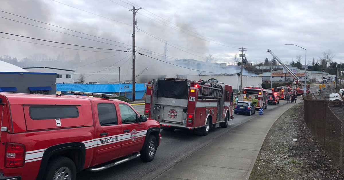 Crews battle two-alarm fire at commercial warehouse in Tacoma | FOX 13 ...
