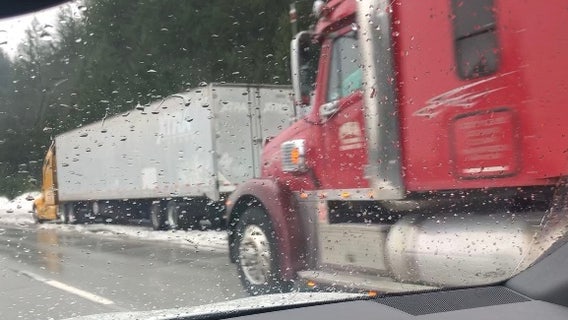 Winter storm causes delay for truck drivers deliver goods across Snoqualmie Pass