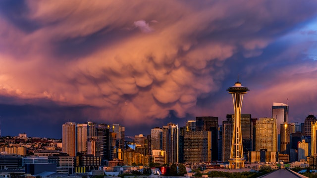 Stunning display of turbulent clouds spotted over Seattle at sunset