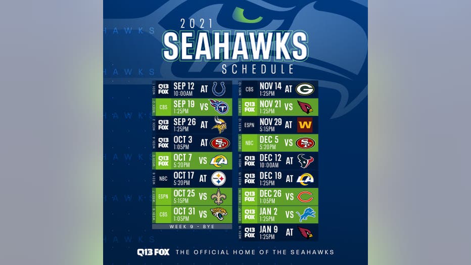 Seahawks 2021 schedule includes ten games on Q13 FOX, five prime