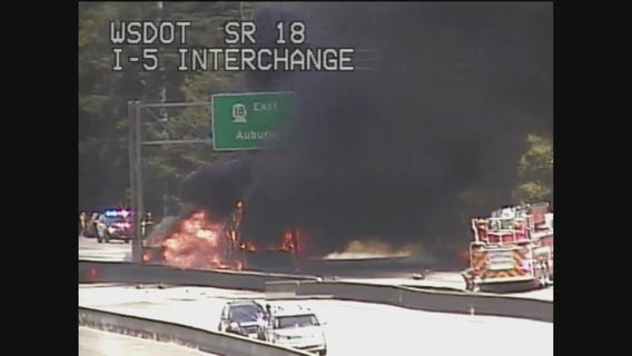 SR 18 in Federal Way reopens after semi and pickup truck collide, catch fire