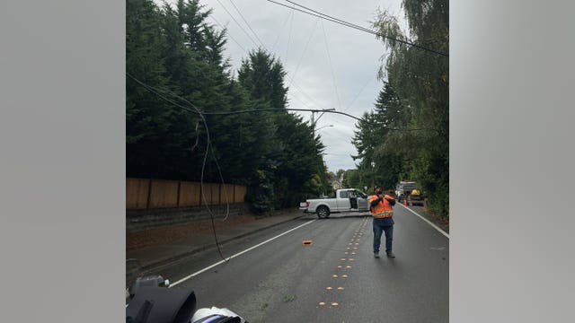 Dump truck crashes into multiple utility poles in Bellevue