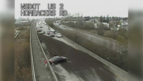 Crashed dump truck blocking eastbound US-2 near I-5