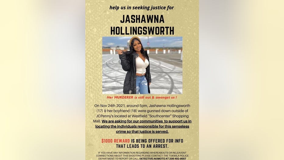 Loved ones are passing out flyers regarding the shooting that killed Ja'shawna Hollingsworth outside Southcenter Mall on November 24, 2021.