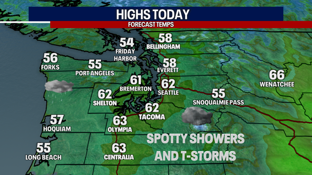 Highs in the 60s today with spotty mountain thunderstorms