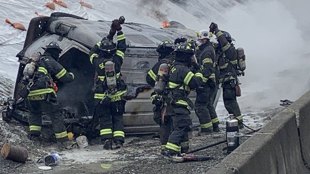 2 hurt in fiery rollover crash near I-5 in Seattle