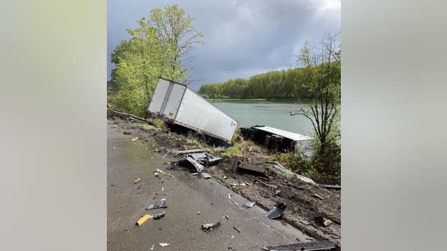 2 semi trucks go down embankment on SB I-5 near Woodland, causing delays