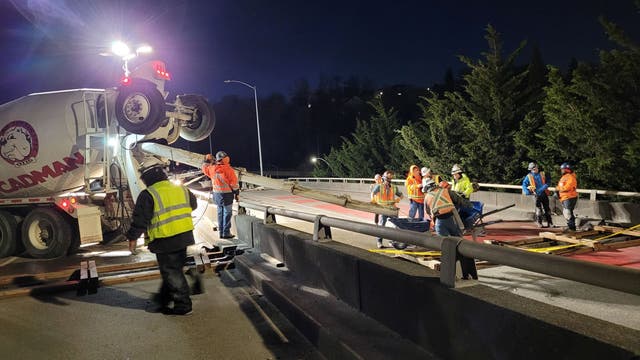 Concrete again being poured at West Seattle Bridge