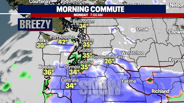 Parts of Puget Sound hit with snow Monday morning