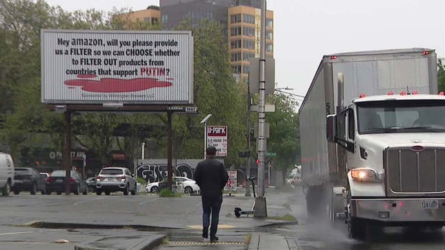 New billboard in Seattle pushes Amazon to filter out Russian, pro-Putin products