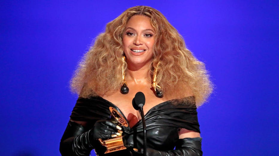 FILE IMAGE - Beyonce, who made history by winning 28 Grammys, more than any female or male performer, accepts the award for Best R&B Performance at the 63rd Grammy Award outside the Staples Center on March 14, 2021, in Los Angeles, California. (Robert Gauthier/Los Angeles Times via Getty Images)