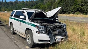 Tire from a semi-truck smashes into Forest Service vehicle near Maple Valley