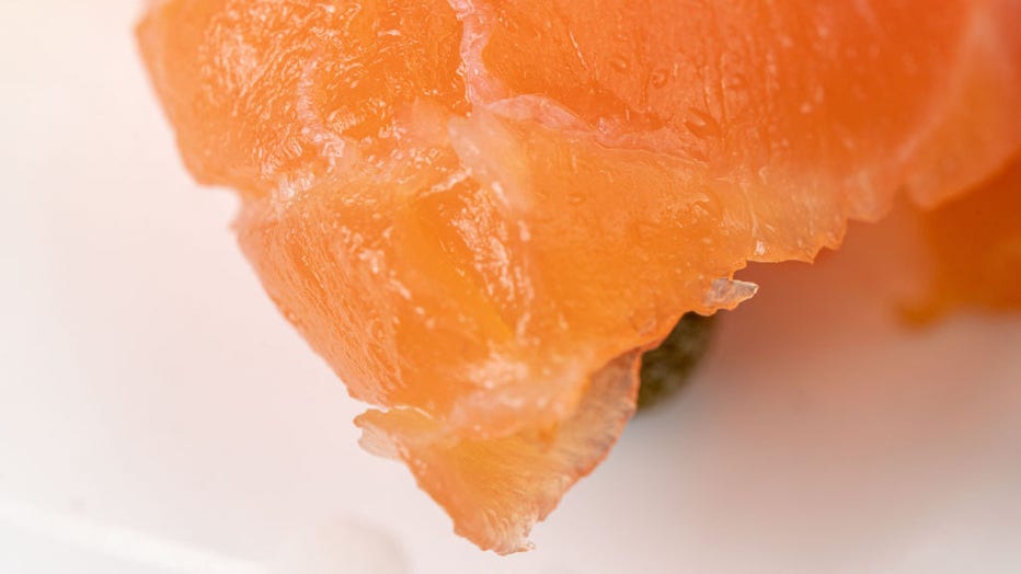 Extreme close-up of a smoked salmon food