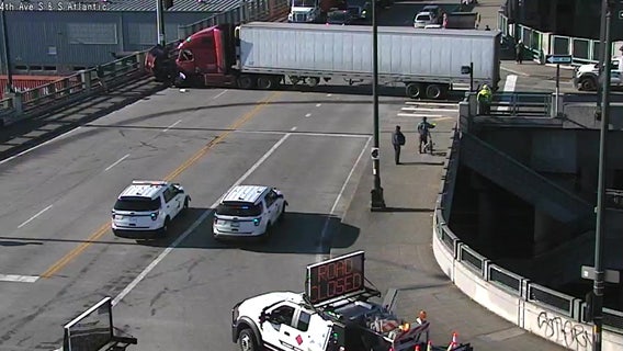 Semi-truck crash blocks Edgar Martinez Dr. in Seattle